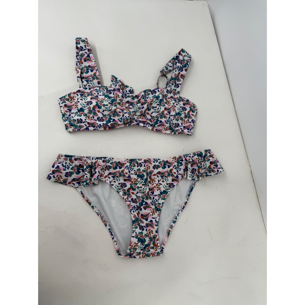 Raisins Womens Floral Ruffle Two Piece Bikini Multicolor Bandeau Swimsuit Sz S